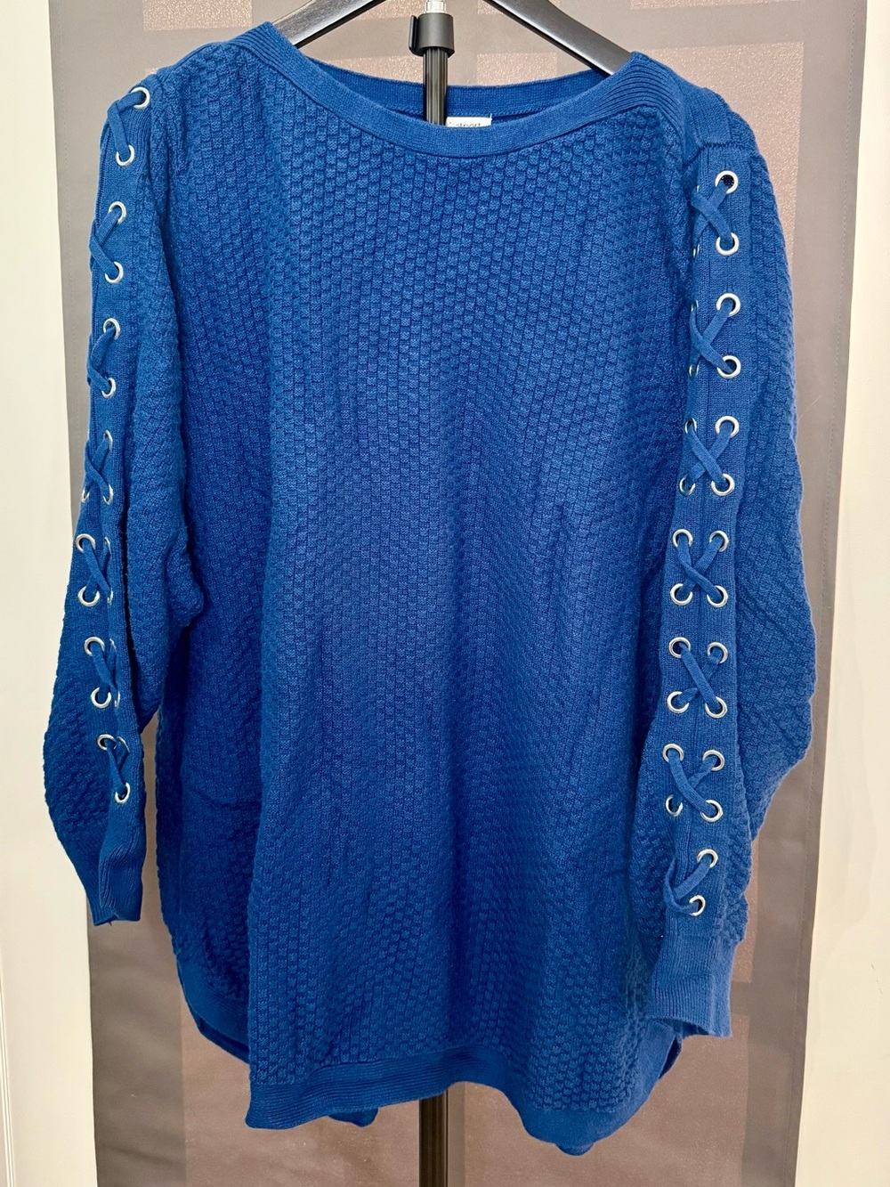 Westport Blue Crew Neck Sweater with Lace up Sleeve Detail